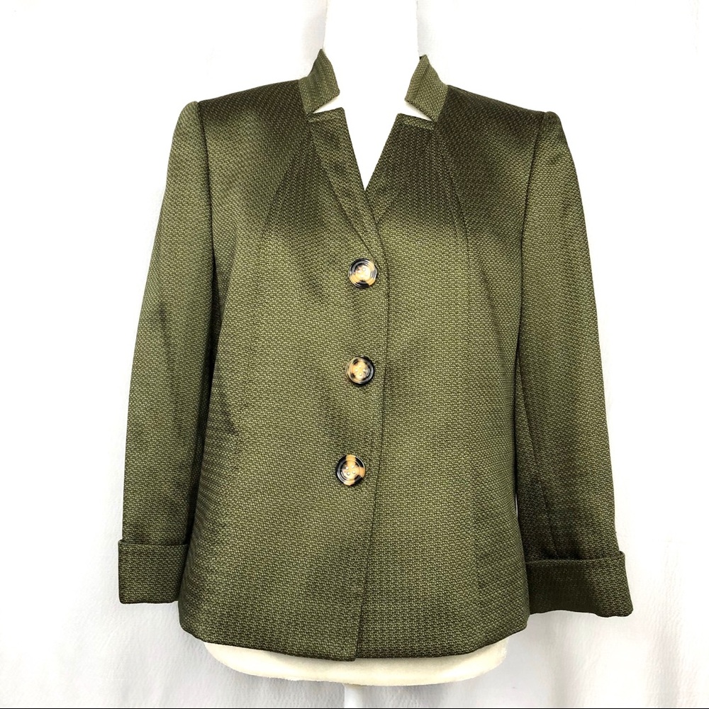 Tahari ASL Olive Green Snap Front Textured Jacket